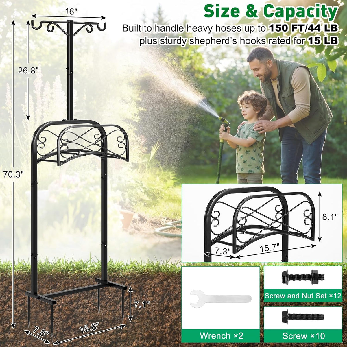 Garden Hose Holder for Outside 43" Heavy Duty Freestanding Water Hose Holder with 4 Stable Spikes Metal Hose Stand Holds Up to 150FT Hose & 44LB Detachable Hose Storage for Yard Lawn Patio