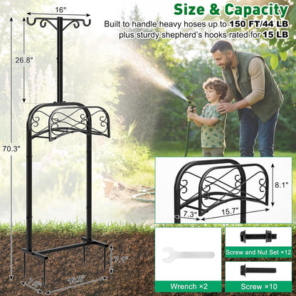 Garden Hose Holder for Outside 43" Heavy Duty Freestanding Water Hose Holder with 4 Stable Spikes Metal Hose Stand Holds Up to 150FT Hose & 44LB Detachable Hose Storage for Yard Lawn Patio