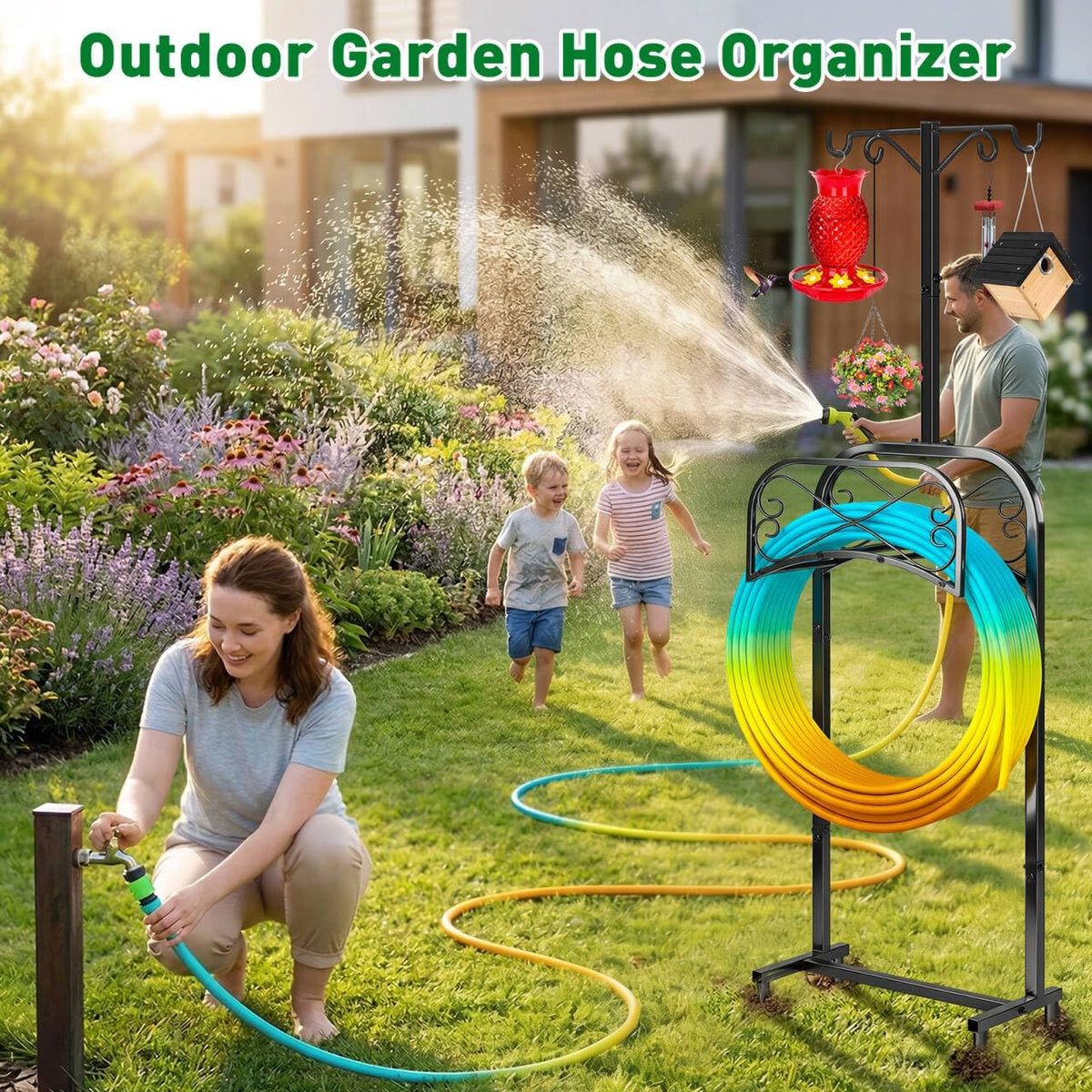 Garden Hose Holder for Outside 43" Heavy Duty Freestanding Water Hose Holder with 4 Stable Spikes Metal Hose Stand Holds Up to 150FT Hose & 44LB Detachable Hose Storage for Yard Lawn Patio