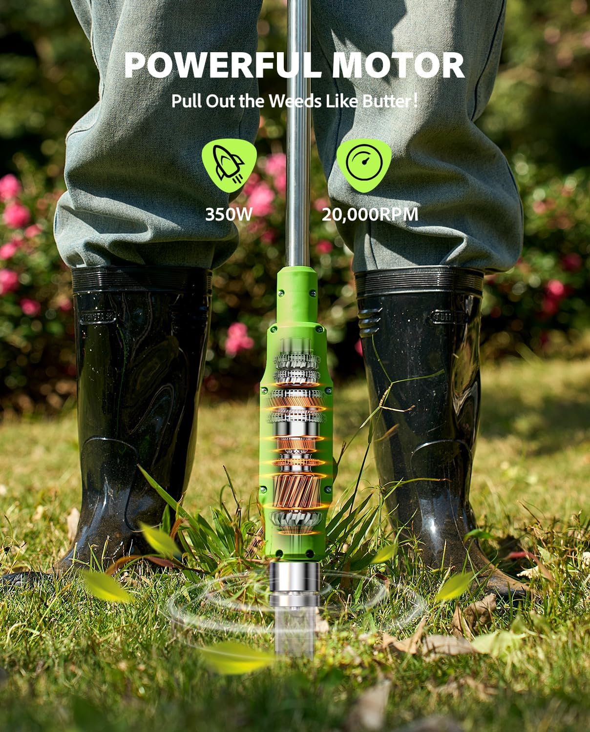 Electric Weed Puller Tool: 21V Battery Powered w/ 2pcs 2000mAh, Heavy Duty 3-Claw Steel Root Weeder Stand-Up Remover Picker Grabber Popper, for Dandelion Lawn Garden Yard EWP001