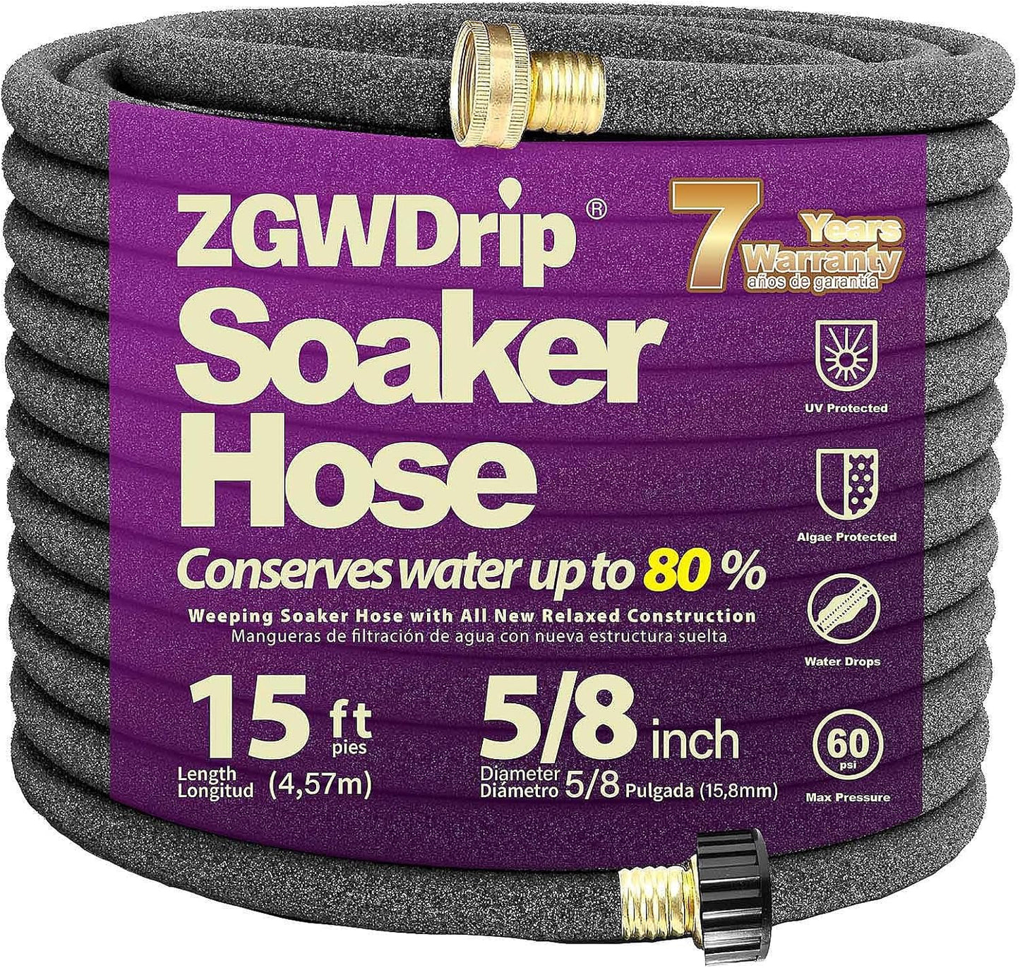 5/8" 15FT Heavy Duty Soaker Hose with Brass Connectors – Ultra-Flexible Drip Irrigation for Gardens, Lawns & Raised Beds