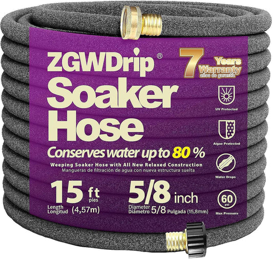 5/8" 15FT Heavy Duty Soaker Hose with Brass Connectors – Ultra-Flexible Drip Irrigation for Gardens, Lawns & Raised Beds