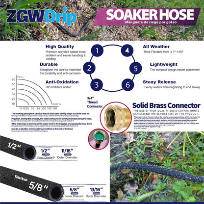 5/8" 15FT Heavy Duty Soaker Hose with Brass Connectors – Ultra-Flexible Drip Irrigation for Gardens, Lawns & Raised Beds