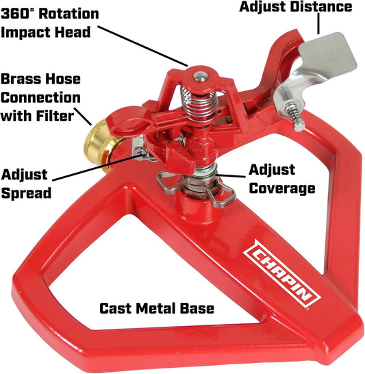 4980: Platform Impact Sprinkler, 360 Degree Automatic With Base for Gardens and Lawns, Up to 85ft Coverage Area, Yards and Garden Watering, Red