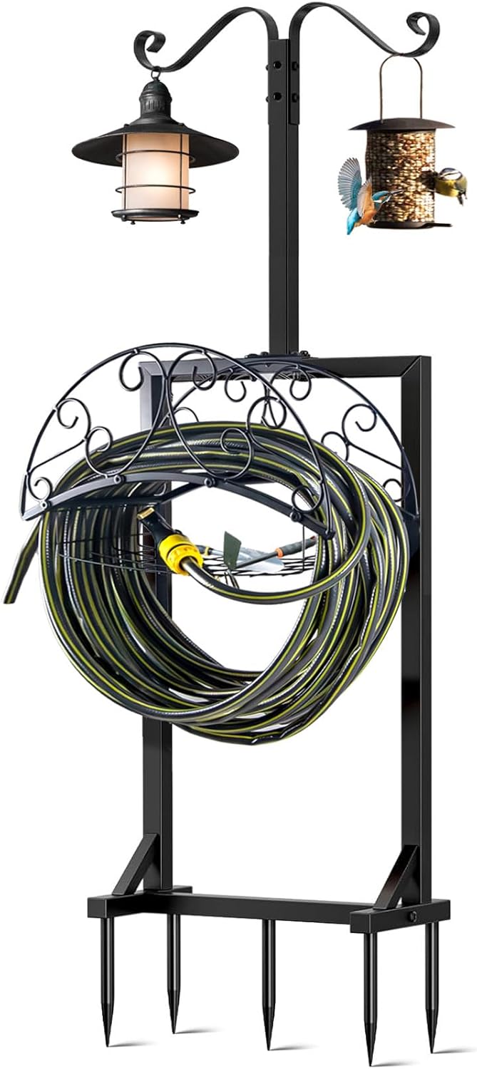 Garden Hose Holder, Upgraded Water Hose Holders with 5 Spikes & 2 Shepherds Hooks, Heavy Duty Metal Hose Stand Sturdy Freestanding Hose Hanger, Detachable Storage Rack, for Outside Yard Lawn