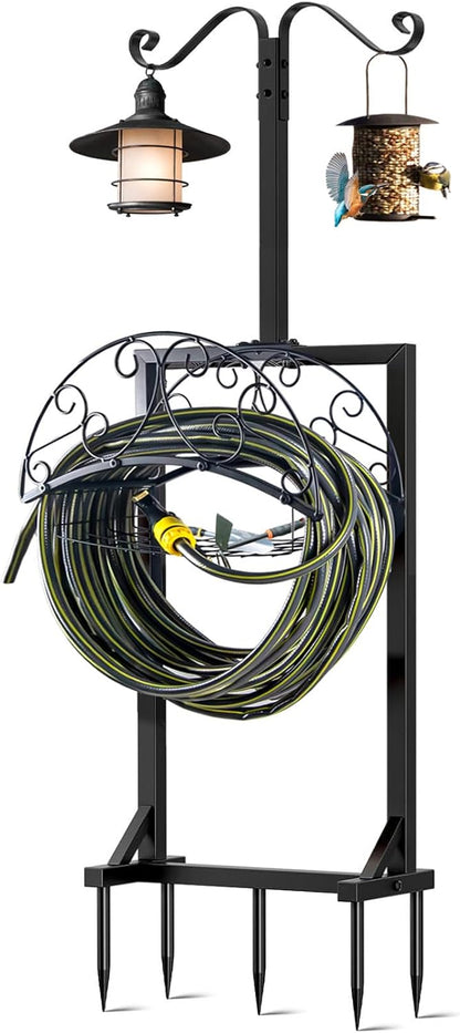 Garden Hose Holder, Upgraded Water Hose Holders with 5 Spikes & 2 Shepherds Hooks, Heavy Duty Metal Hose Stand Sturdy Freestanding Hose Hanger, Detachable Storage Rack, for Outside Yard Lawn