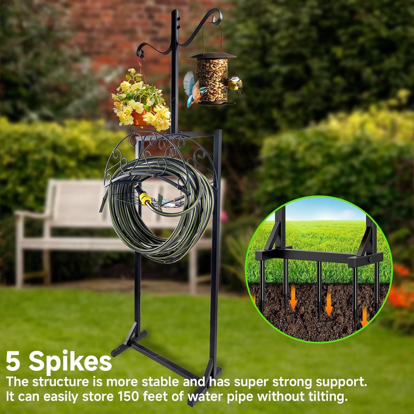 Garden Hose Holder, Upgraded Water Hose Holders with 5 Spikes & 2 Shepherds Hooks, Heavy Duty Metal Hose Stand Sturdy Freestanding Hose Hanger, Detachable Storage Rack, for Outside Yard Lawn