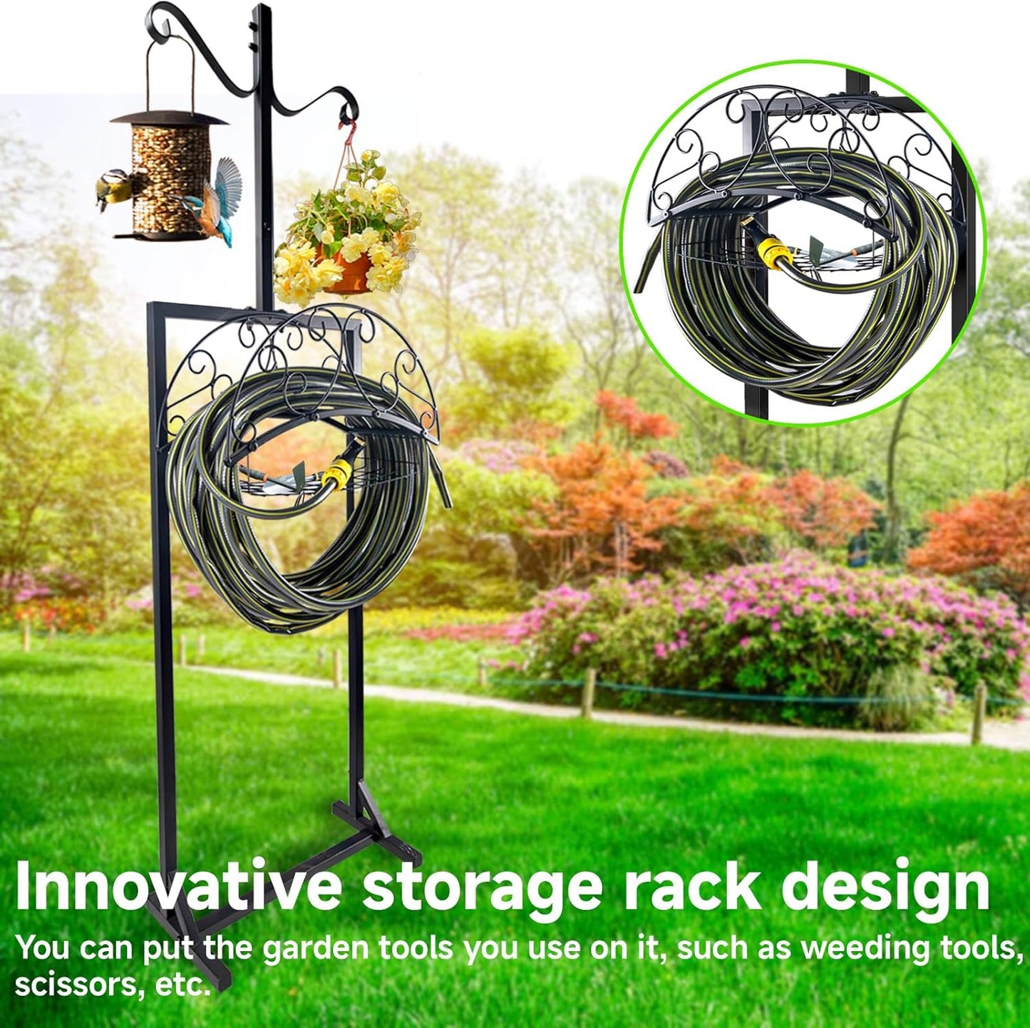 Garden Hose Holder, Upgraded Water Hose Holders with 5 Spikes & 2 Shepherds Hooks, Heavy Duty Metal Hose Stand Sturdy Freestanding Hose Hanger, Detachable Storage Rack, for Outside Yard Lawn