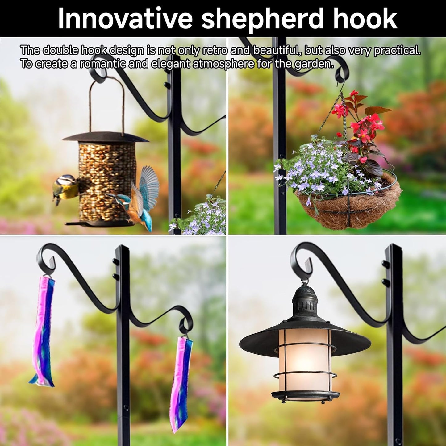 Garden Hose Holder, Upgraded Water Hose Holders with 5 Spikes & 2 Shepherds Hooks, Heavy Duty Metal Hose Stand Sturdy Freestanding Hose Hanger, Detachable Storage Rack, for Outside Yard Lawn