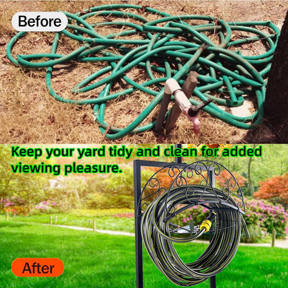 Garden Hose Holder, Upgraded Water Hose Holders with 5 Spikes & 2 Shepherds Hooks, Heavy Duty Metal Hose Stand Sturdy Freestanding Hose Hanger, Detachable Storage Rack, for Outside Yard Lawn