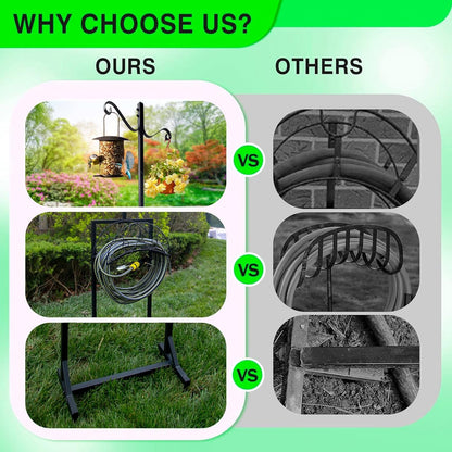 Garden Hose Holder, Upgraded Water Hose Holders with 5 Spikes & 2 Shepherds Hooks, Heavy Duty Metal Hose Stand Sturdy Freestanding Hose Hanger, Detachable Storage Rack, for Outside Yard Lawn