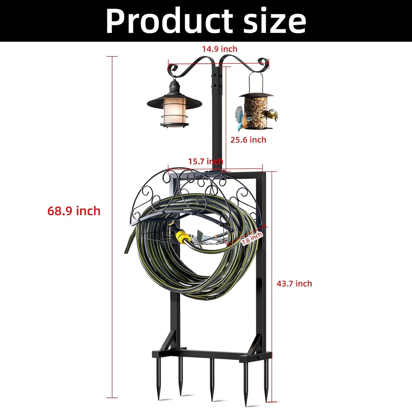 Garden Hose Holder, Upgraded Water Hose Holders with 5 Spikes & 2 Shepherds Hooks, Heavy Duty Metal Hose Stand Sturdy Freestanding Hose Hanger, Detachable Storage Rack, for Outside Yard Lawn