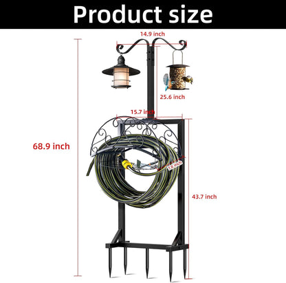Garden Hose Holder, Upgraded Water Hose Holders with 5 Spikes & 2 Shepherds Hooks, Heavy Duty Metal Hose Stand Sturdy Freestanding Hose Hanger, Detachable Storage Rack, for Outside Yard Lawn