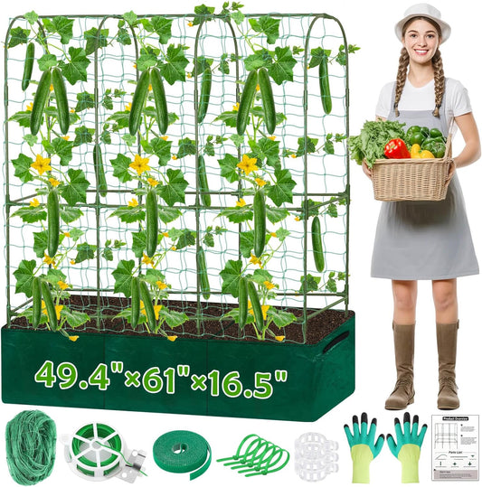 Cucumber Trellis for Climbing Plants with Grow Bag, 61" Tall Metal U-Frame Garden Trellis for Raised Bed with Garden Netting and Plant Clip Plant Ties for Vegetables, Squash, Pea, Grape