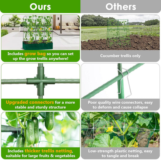 Cucumber Trellis for Climbing Plants with Grow Bag, 61" Tall Metal U-Frame Garden Trellis for Raised Bed with Garden Netting and Plant Clip Plant Ties for Vegetables, Squash, Pea, Grape
