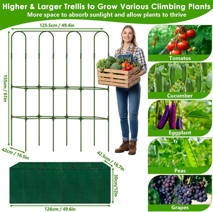 Cucumber Trellis for Climbing Plants with Grow Bag, 61" Tall Metal U-Frame Garden Trellis for Raised Bed with Garden Netting and Plant Clip Plant Ties for Vegetables, Squash, Pea, Grape