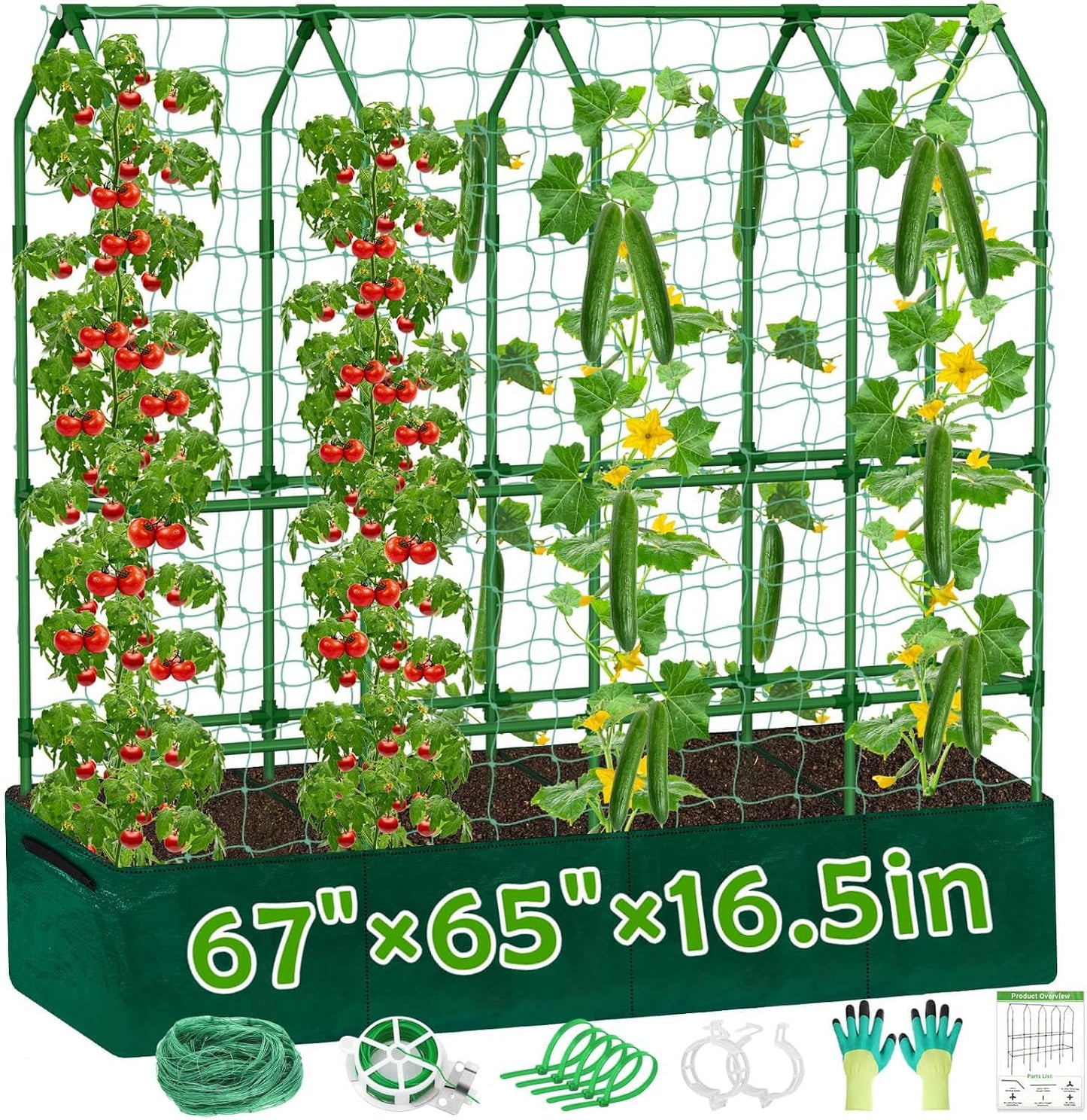 Cucumber Trellis for Climbing Plants with Grow Bag, 61" Tall Metal U-Frame Garden Trellis for Raised Bed with Garden Netting and Plant Clip Plant Ties for Vegetables, Squash, Pea, Grape