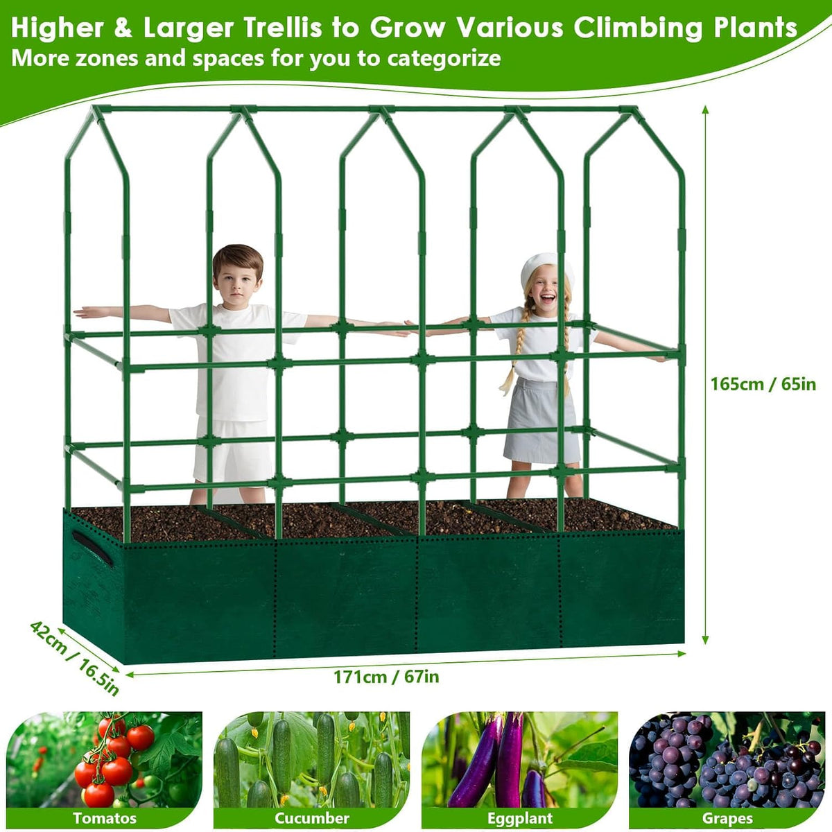 Cucumber Trellis for Climbing Plants with Grow Bag, 61" Tall Metal U-Frame Garden Trellis for Raised Bed with Garden Netting and Plant Clip Plant Ties for Vegetables, Squash, Pea, Grape