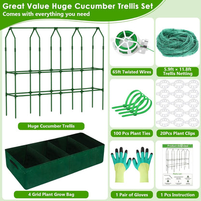 Cucumber Trellis for Climbing Plants with Grow Bag, 61" Tall Metal U-Frame Garden Trellis for Raised Bed with Garden Netting and Plant Clip Plant Ties for Vegetables, Squash, Pea, Grape