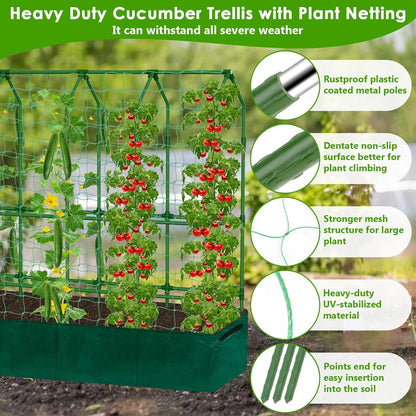 Cucumber Trellis for Climbing Plants with Grow Bag, 61" Tall Metal U-Frame Garden Trellis for Raised Bed with Garden Netting and Plant Clip Plant Ties for Vegetables, Squash, Pea, Grape