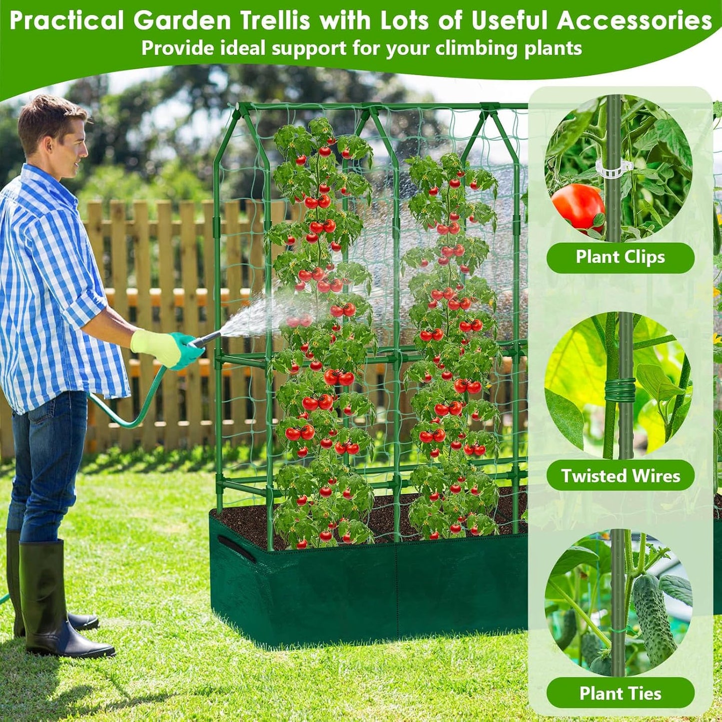 Cucumber Trellis for Climbing Plants with Grow Bag, 61" Tall Metal U-Frame Garden Trellis for Raised Bed with Garden Netting and Plant Clip Plant Ties for Vegetables, Squash, Pea, Grape