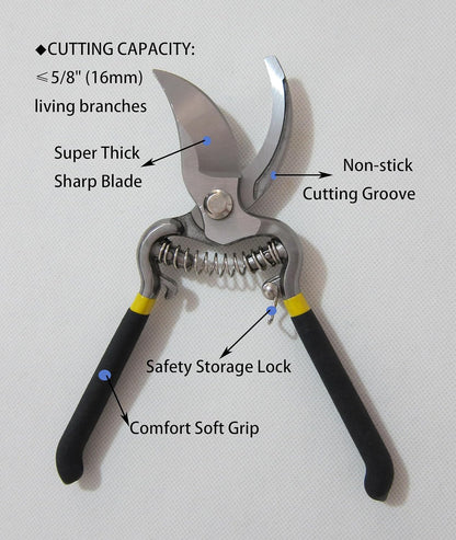 Forged Bypass Hand Clippers Pruner, With 5/8 Inch Cutting Capacity, Ergonomic handle with Soft Grip, Pruning Shear 8-Inch (Bypass)