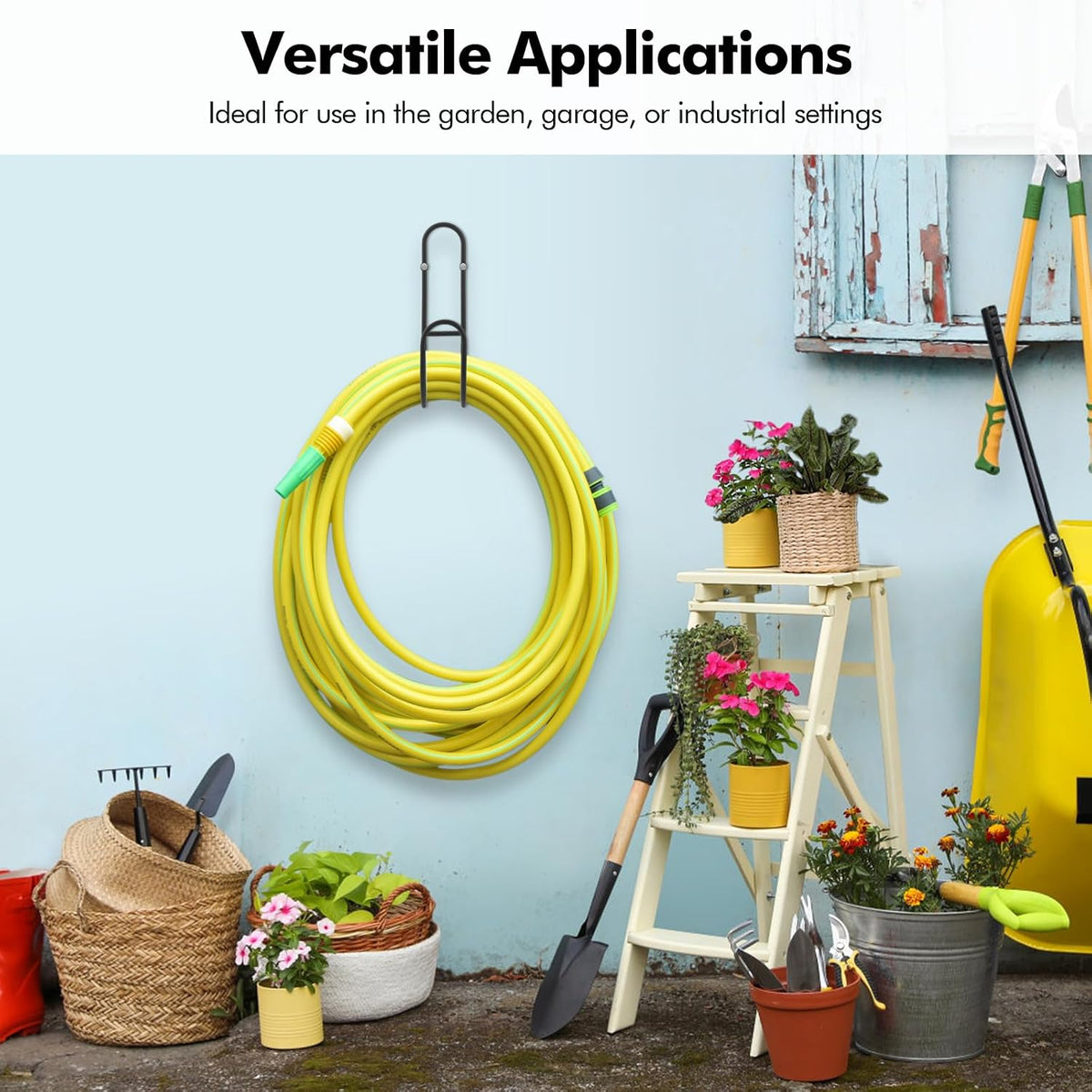 Garden Hose Holder, Wall Mount Water Hose Hanger, Hanging Storage Rack for Garden Hoses, Ropes, Outside Yard (Black)
