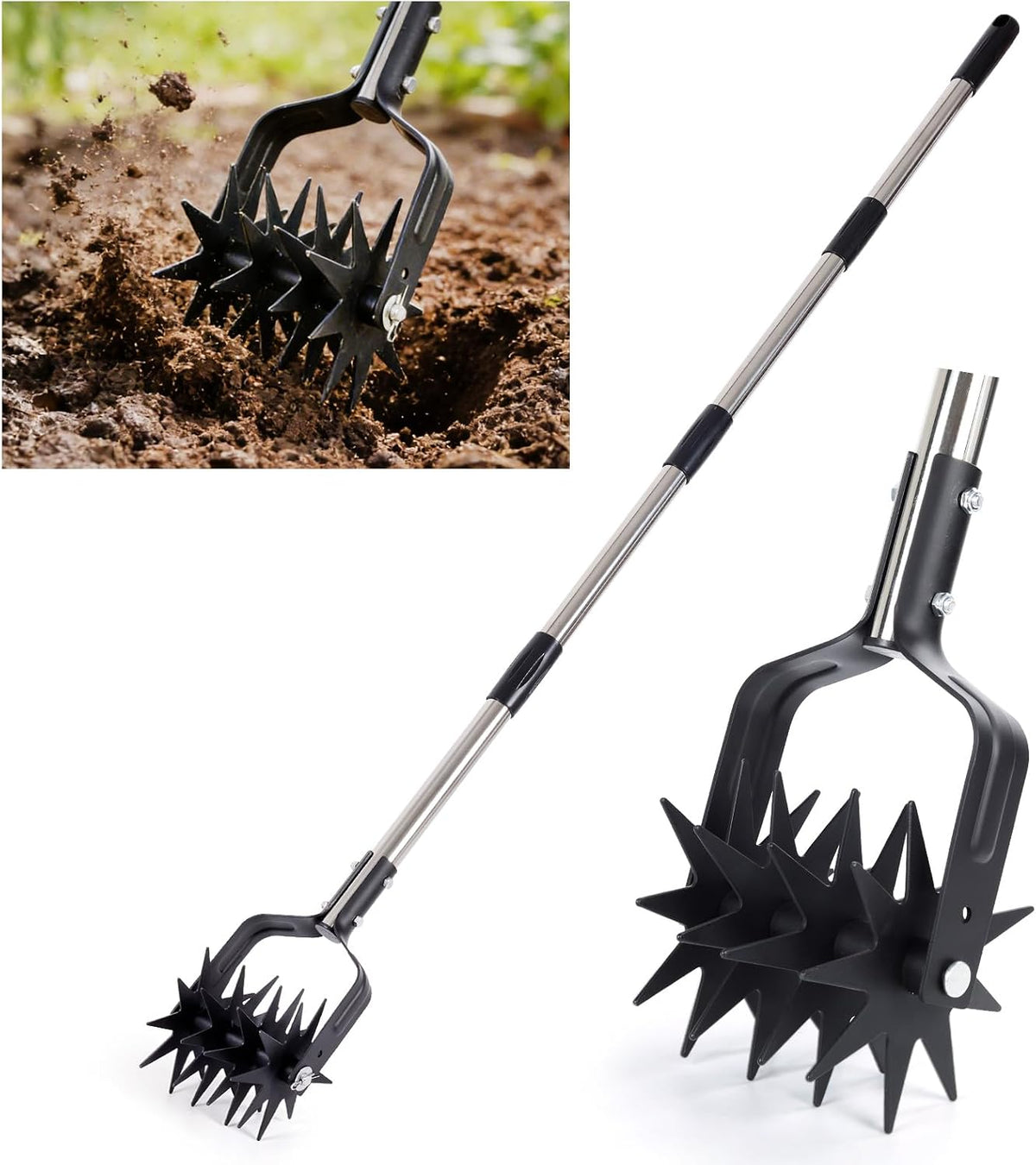 Rotary Cultivator Hand Tiller, 4-in-1 Manual Garden Cultivator with Rake Head, 59" Long Handle Lawn Aerator Tool, Stainless Steel for Aeration, Mixing Soil, Reseeding Grass, Standing Weeder