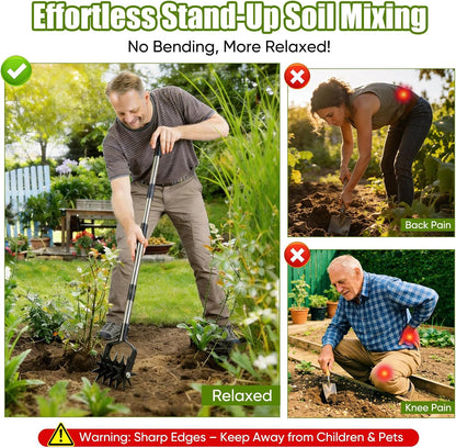 Rotary Cultivator Hand Tiller, 4-in-1 Manual Garden Cultivator with Rake Head, 59" Long Handle Lawn Aerator Tool, Stainless Steel for Aeration, Mixing Soil, Reseeding Grass, Standing Weeder