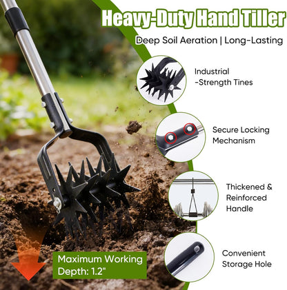 Rotary Cultivator Hand Tiller, 4-in-1 Manual Garden Cultivator with Rake Head, 59" Long Handle Lawn Aerator Tool, Stainless Steel for Aeration, Mixing Soil, Reseeding Grass, Standing Weeder