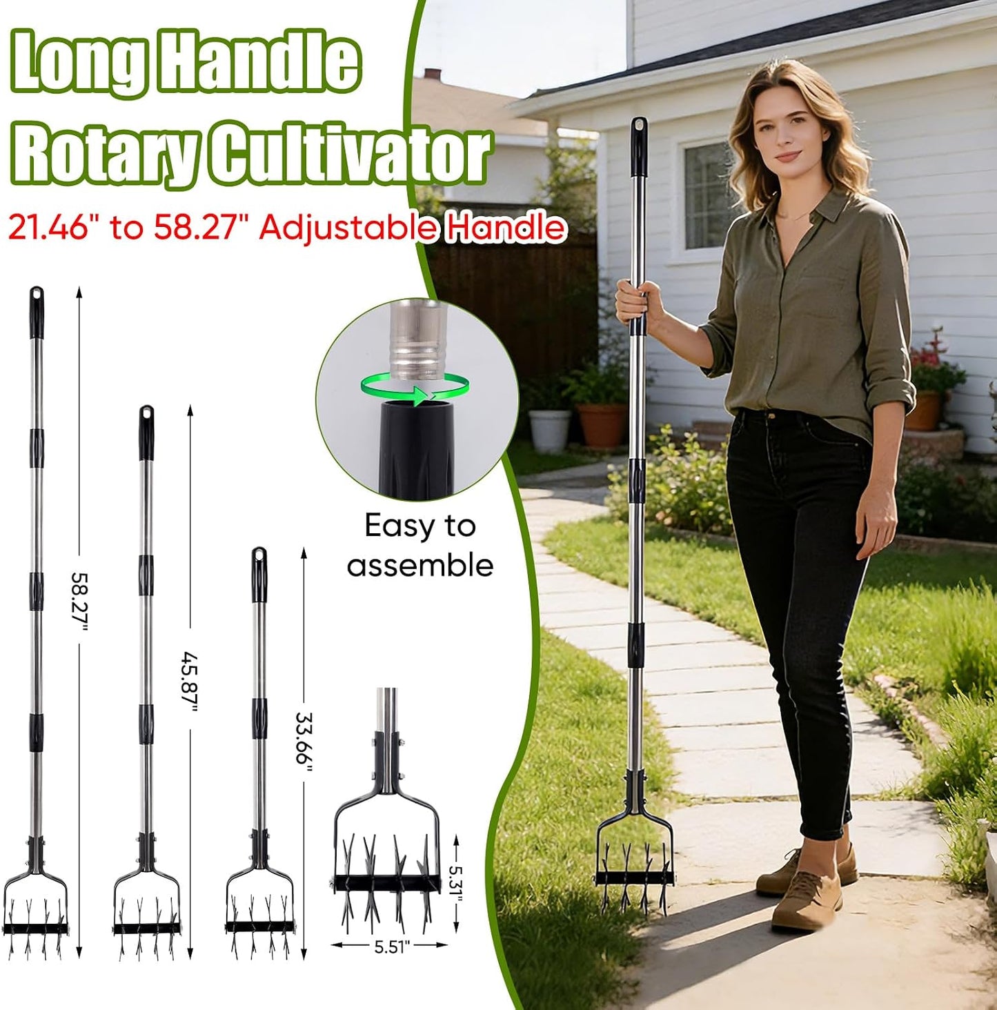 Rotary Cultivator Hand Tiller, 4-in-1 Manual Garden Cultivator with Rake Head, 59" Long Handle Lawn Aerator Tool, Stainless Steel for Aeration, Mixing Soil, Reseeding Grass, Standing Weeder