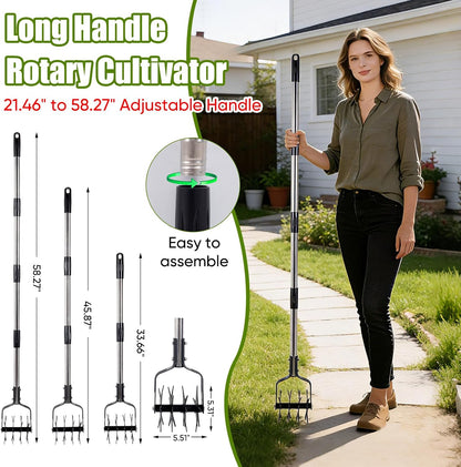 Rotary Cultivator Hand Tiller, 4-in-1 Manual Garden Cultivator with Rake Head, 59" Long Handle Lawn Aerator Tool, Stainless Steel for Aeration, Mixing Soil, Reseeding Grass, Standing Weeder