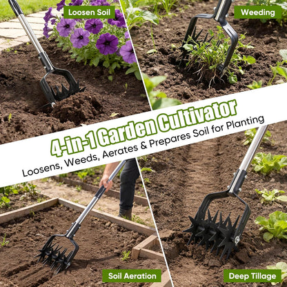 Rotary Cultivator Hand Tiller, 4-in-1 Manual Garden Cultivator with Rake Head, 59" Long Handle Lawn Aerator Tool, Stainless Steel for Aeration, Mixing Soil, Reseeding Grass, Standing Weeder