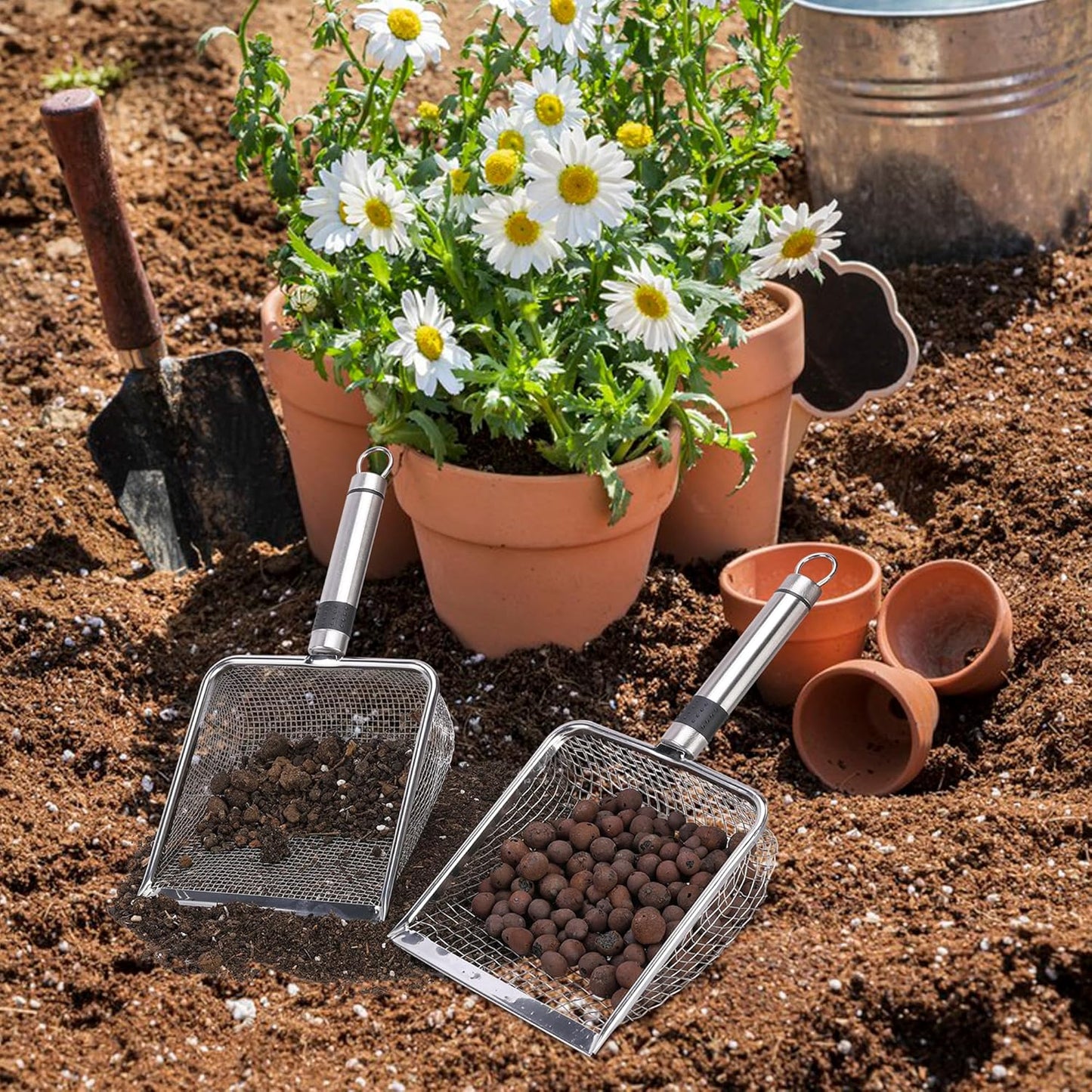 2 Pcs Wider Gardening Soil Sifter-5.5" W Garden Sieve Sifter with Handle (3.8/5 mm Mesh)-Portable Gardening Sifter for Gradening Sand Soil Dirt Compost