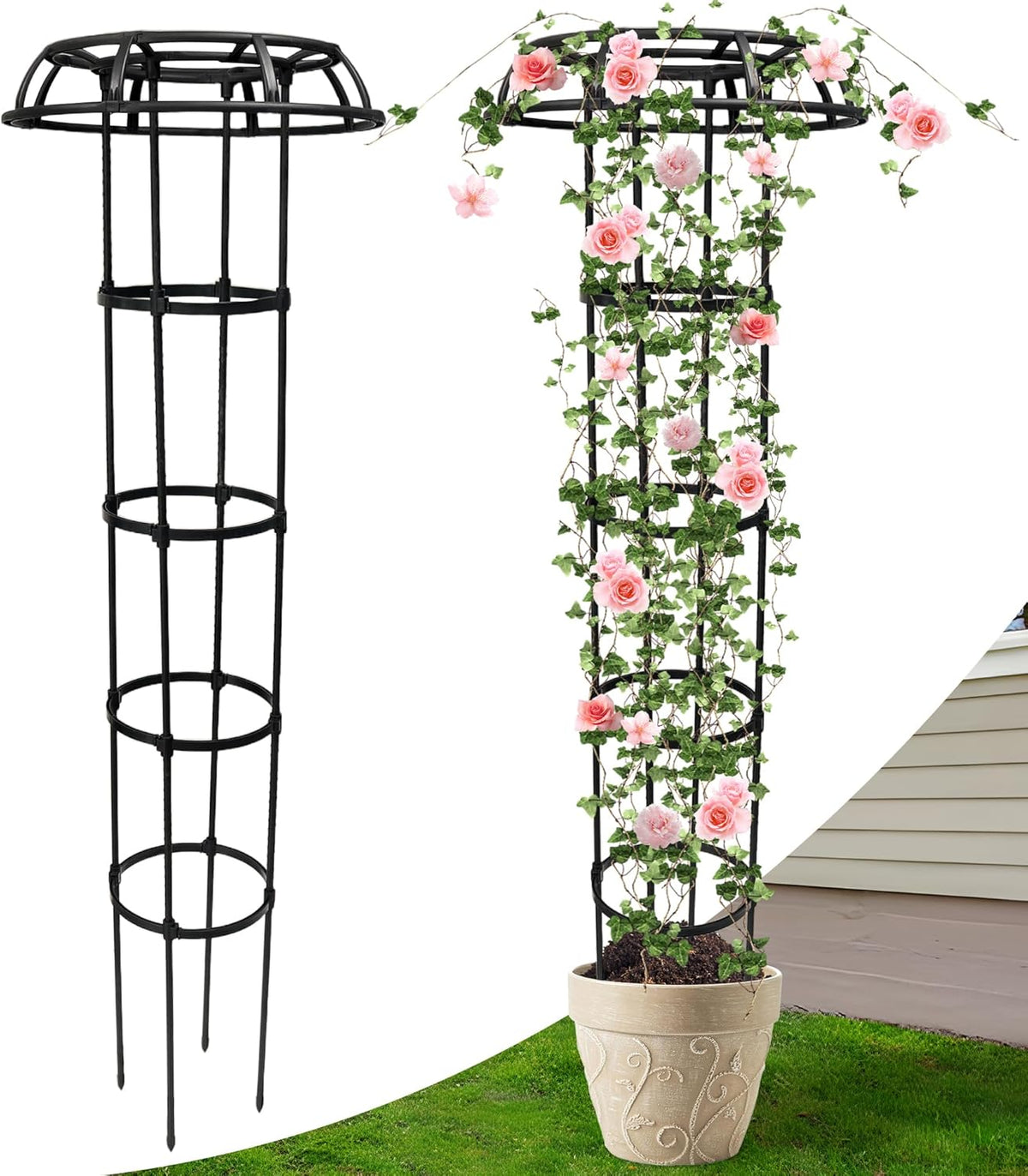 6ft Garden Obelisk Trellis for Climbing Plants-Rustproof Metal Pipe with Heavy Duty Plastic Coated, Garden Outdoor Indoor Potted Plant Support for Clematis Vine Jasmine Support （Black）