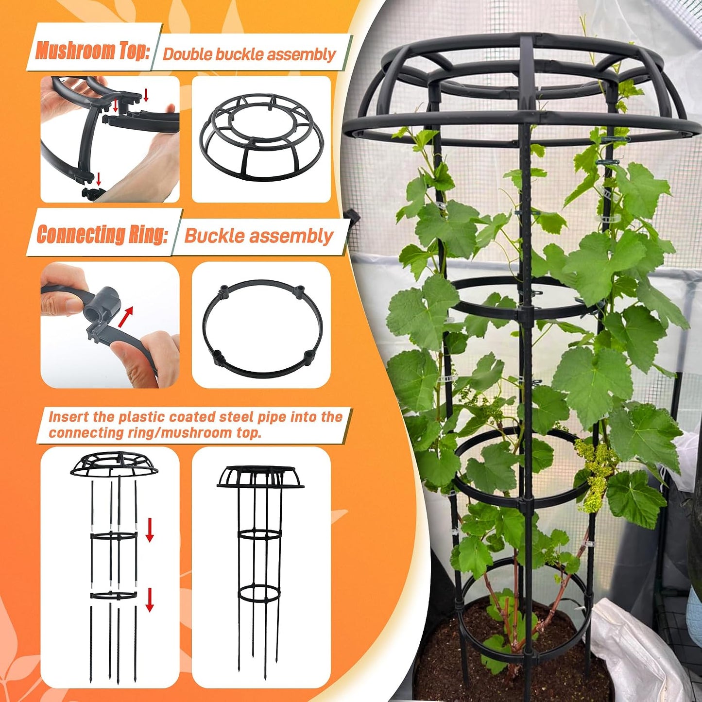 6ft Garden Obelisk Trellis for Climbing Plants-Rustproof Metal Pipe with Heavy Duty Plastic Coated, Garden Outdoor Indoor Potted Plant Support for Clematis Vine Jasmine Support （Black）