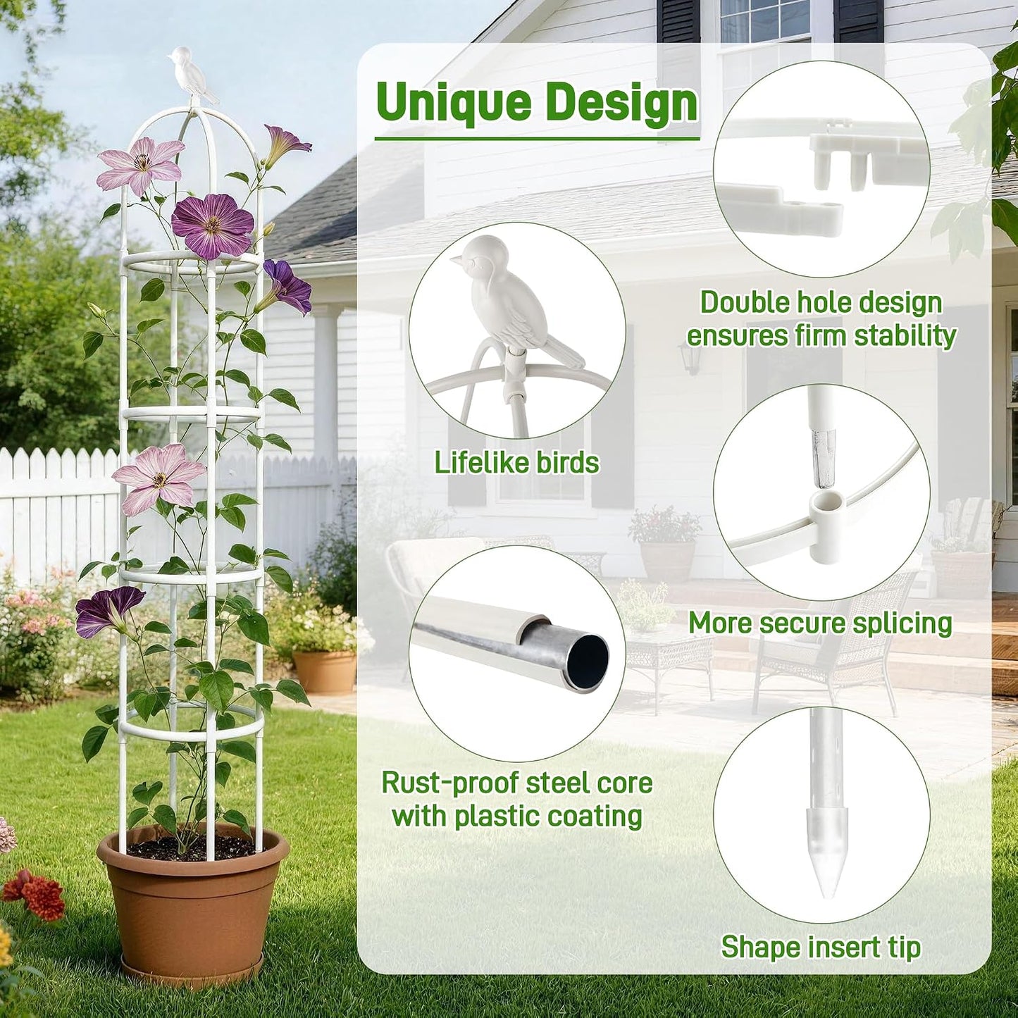 6ft Garden Obelisk Trellis for Climbing Plants-Rustproof Metal Pipe with Heavy Duty Plastic Coated, Garden Outdoor Indoor Potted Plant Support for Clematis Vine Jasmine Support （Black）