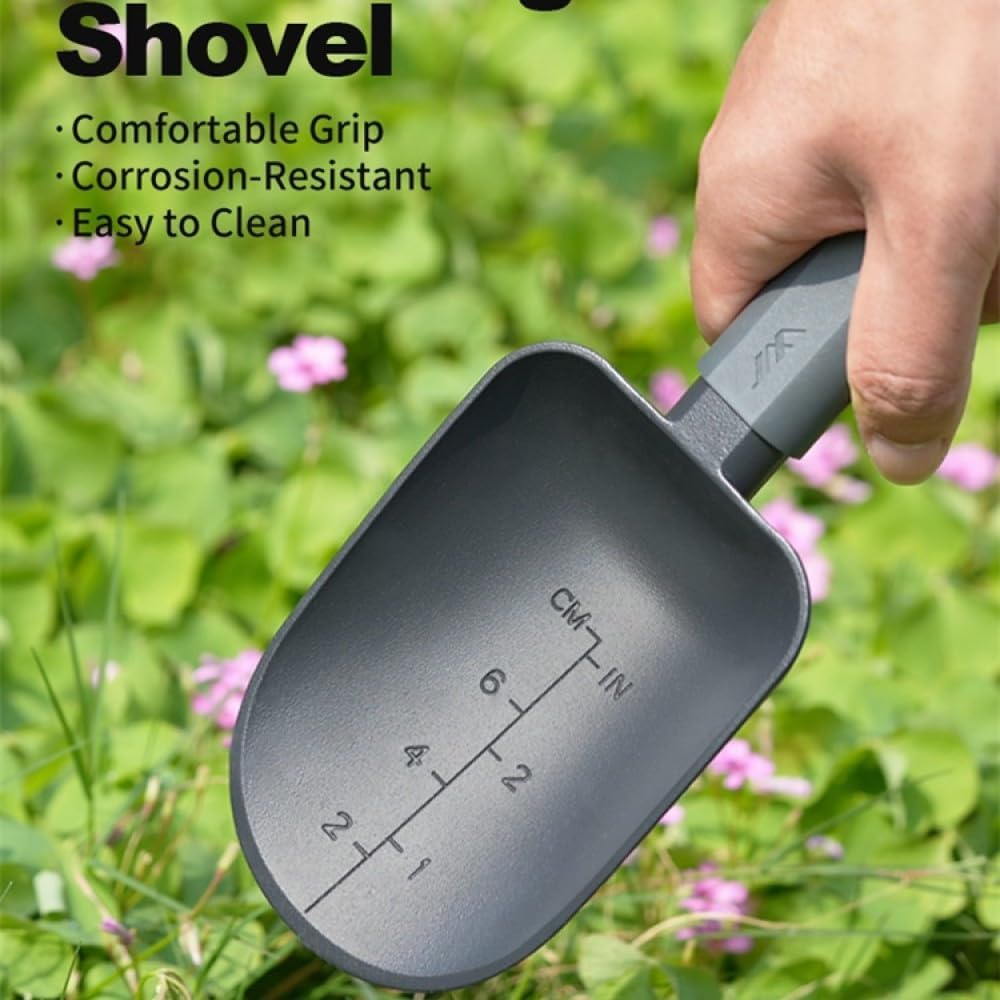 Aluminum Alloy Garden Soil Scoop - Heavy Duty Hand Trowel with Measurement Marks, Rust Resistant Shovel for Potting, Digging, Transplanting, Pet Food & Beach Sand - Minimalist Black