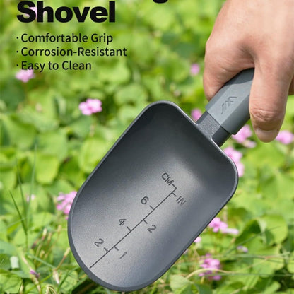 Aluminum Alloy Garden Soil Scoop - Heavy Duty Hand Trowel with Measurement Marks, Rust Resistant Shovel for Potting, Digging, Transplanting, Pet Food & Beach Sand - Minimalist Black