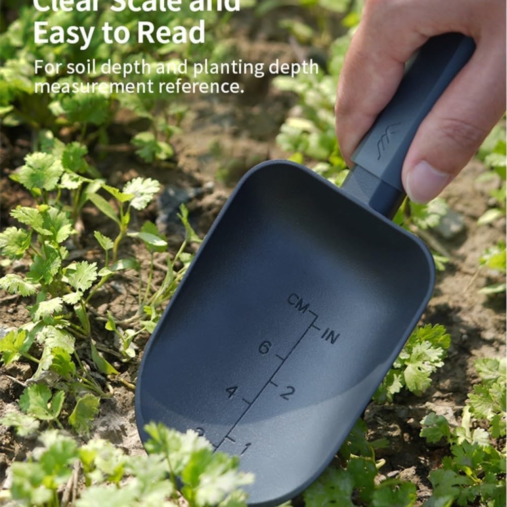 Aluminum Alloy Garden Soil Scoop - Heavy Duty Hand Trowel with Measurement Marks, Rust Resistant Shovel for Potting, Digging, Transplanting, Pet Food & Beach Sand - Minimalist Black
