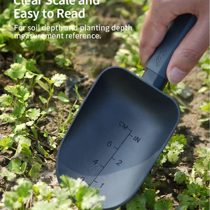 Aluminum Alloy Garden Soil Scoop - Heavy Duty Hand Trowel with Measurement Marks, Rust Resistant Shovel for Potting, Digging, Transplanting, Pet Food & Beach Sand - Minimalist Black