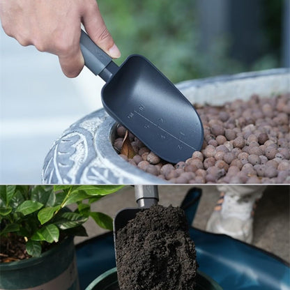 Aluminum Alloy Garden Soil Scoop - Heavy Duty Hand Trowel with Measurement Marks, Rust Resistant Shovel for Potting, Digging, Transplanting, Pet Food & Beach Sand - Minimalist Black