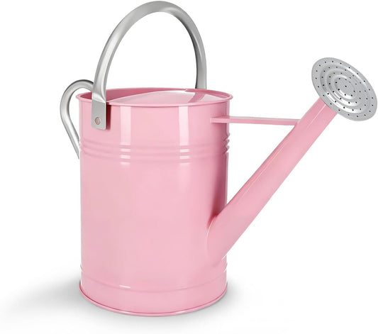 Metal Watering Can for Outdoor Plants, 1.7 Gallon Pink Garden Watering Can for Flower, Houseplants, Galvanized Finish