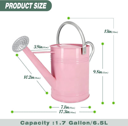 Metal Watering Can for Outdoor Plants, 1.7 Gallon Pink Garden Watering Can for Flower, Houseplants, Galvanized Finish