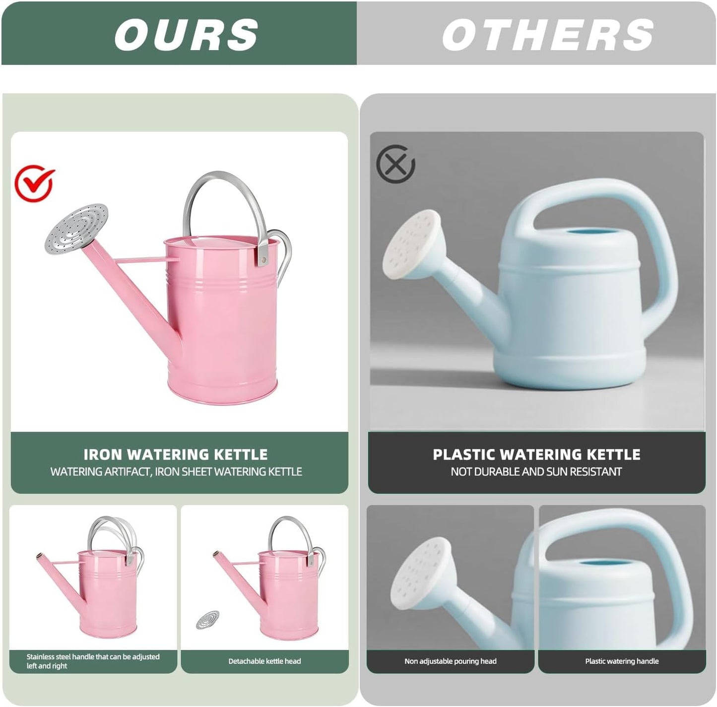 Metal Watering Can for Outdoor Plants, 1.7 Gallon Pink Garden Watering Can for Flower, Houseplants, Galvanized Finish