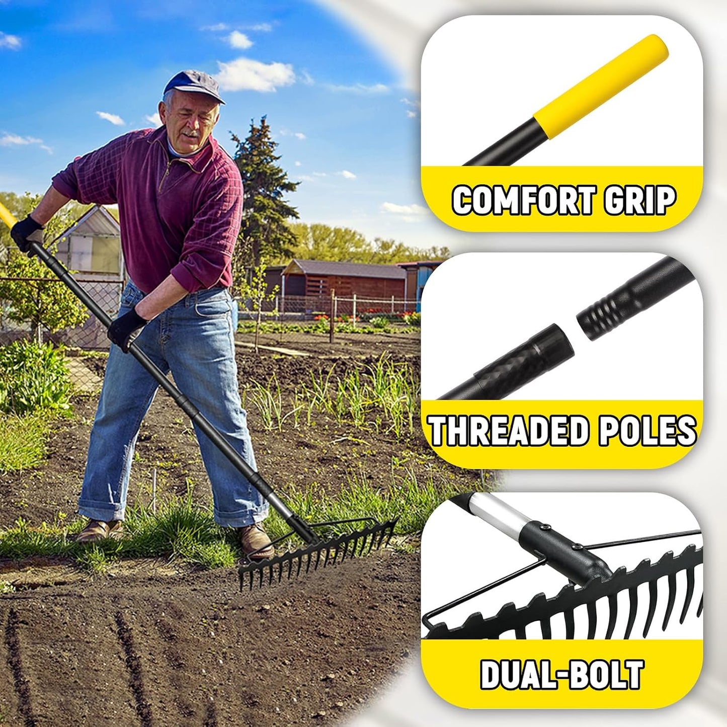 Bow Rake, 68-Inch Adjustable Handle Garden Rake with 17 Steel Tines, Heavy Duty Dual-Sided Metal Rake Landscape Gardening Tool for Soil Loosening Lawn Yard Leaves Mulch Thatch Removing