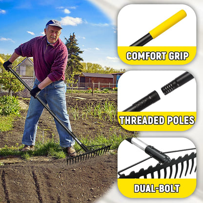 Bow Rake, 68-Inch Adjustable Handle Garden Rake with 17 Steel Tines, Heavy Duty Dual-Sided Metal Rake Landscape Gardening Tool for Soil Loosening Lawn Yard Leaves Mulch Thatch Removing