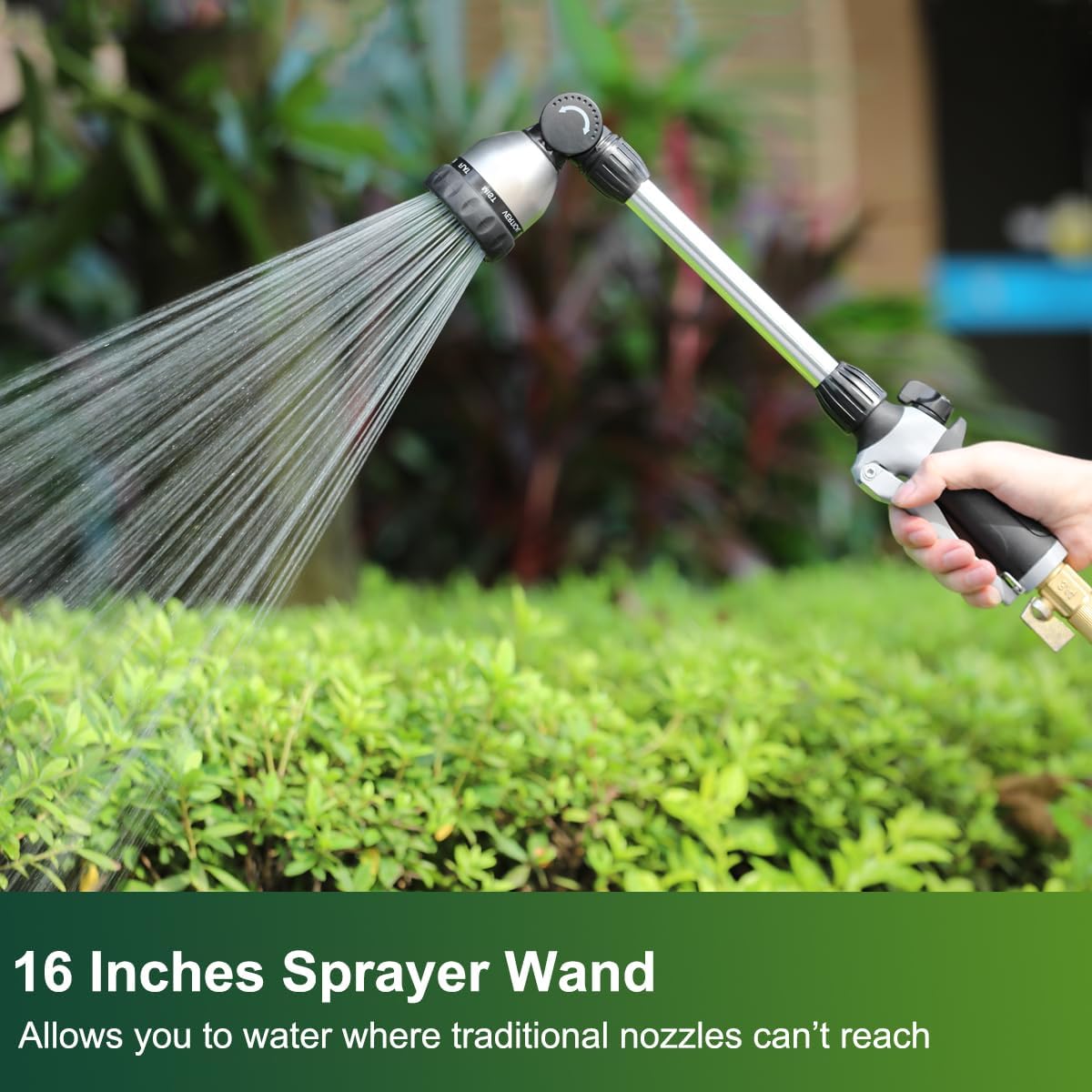 Watering Wand Heavy Duty, 16 Inches Metal Garden Hose Wand with 8 Spray Patterns, Long Hose Nozzle Sprayer with ON/OFF Thumb Control, Perfect for Hanging Baskets, Shrubs, Garden and Lawn