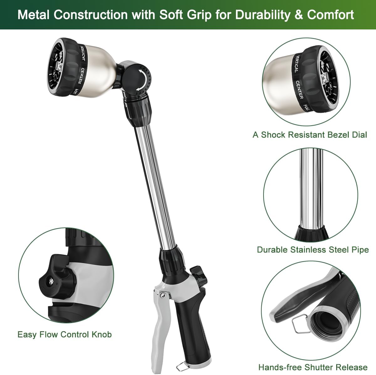 Watering Wand Heavy Duty, 16 Inches Metal Garden Hose Wand with 8 Spray Patterns, Long Hose Nozzle Sprayer with ON/OFF Thumb Control, Perfect for Hanging Baskets, Shrubs, Garden and Lawn