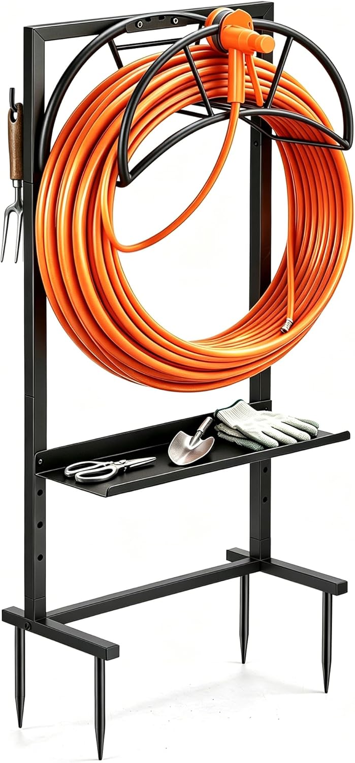 Garden Hose Holder Freestanding Metal Hose Stand 4-Prong Shelf Hooks